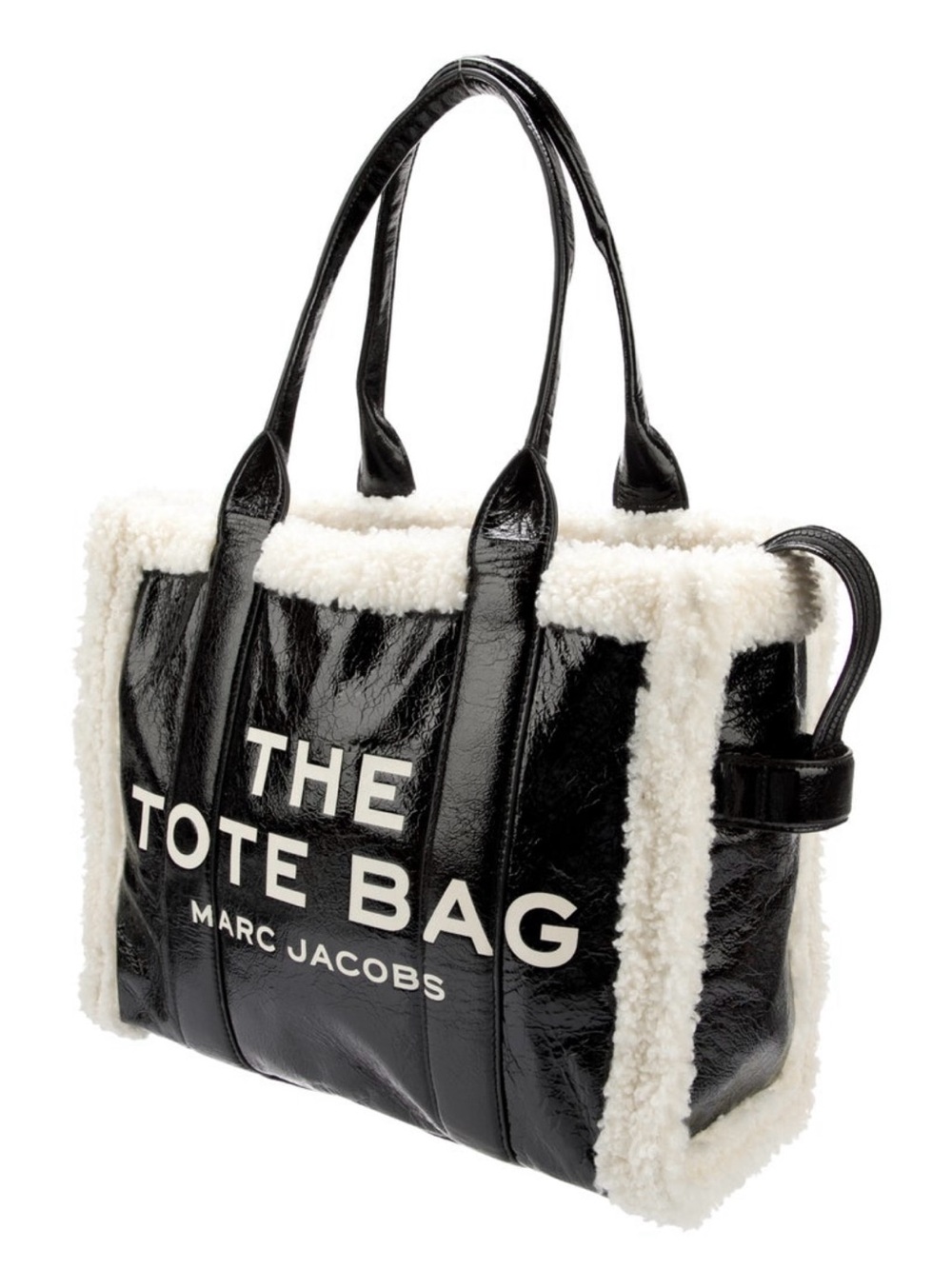 Marc Jacobs The Tote Bag in Crinkle Black Leather with Shearling Trim (Large)